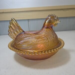 Rare Indiana Glass Amber Marigold Iridescent Hen on Nest Covered Dish EUC